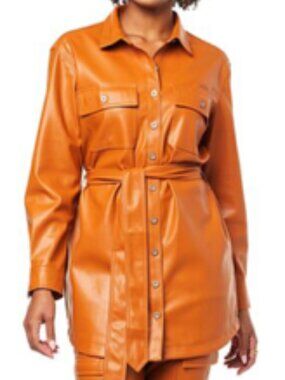 Jessica Simpsom Adobe Stretch Faux Leather Belted Safari Car Coat